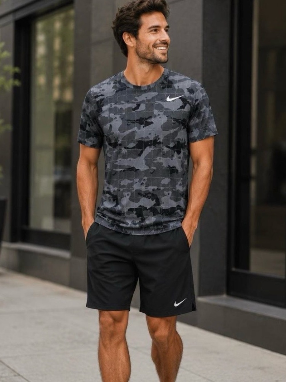 Nike Mens Dri Fit Camo T-Shirt Short Sleeve Smoke Grey Athletic Activewear
